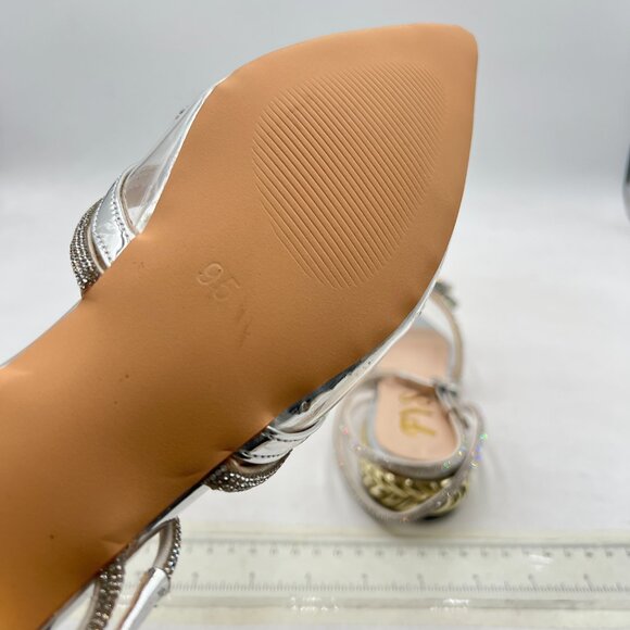FYS Silver Pointed Toe Slingback Clear Block Low Heels Sparkly Rhinestone Sandal - Picture 6 of 8